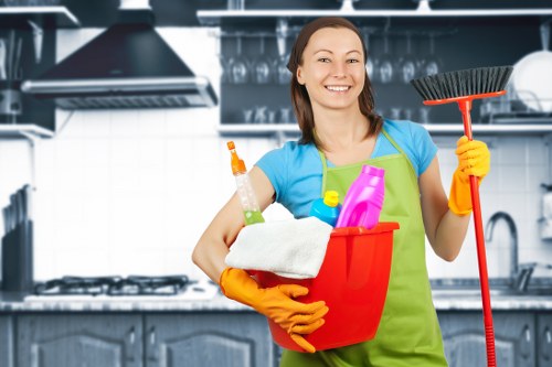Cleaner inspecting a room for hazards before work